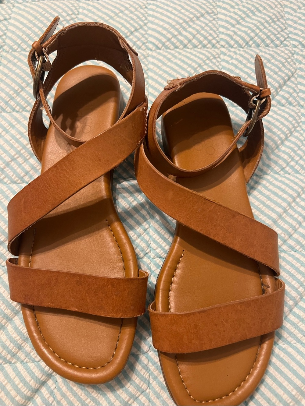 Franco Sarto Leather Cognac Crisscross Flat Sandals Ankle Strap Est. 6.5
